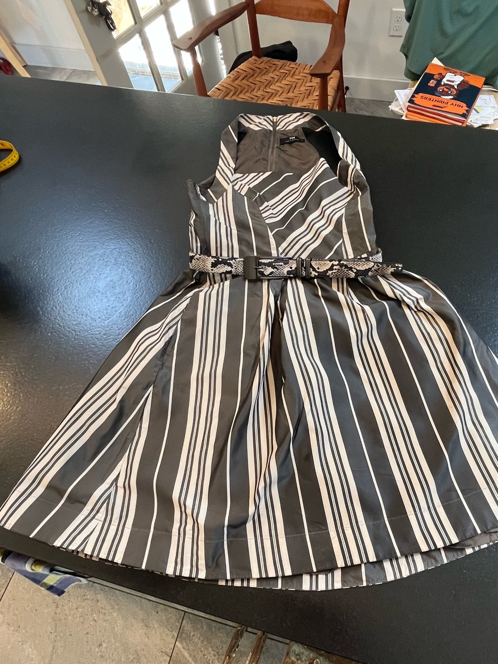 Cue Black and White Asymmetrical Striped Fit-and-Flare Dress with Belt